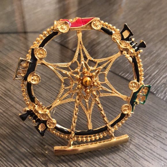 Vintage Goldtone Ferris Wheel Pin with Cars & Trains - Picture 9 of 16